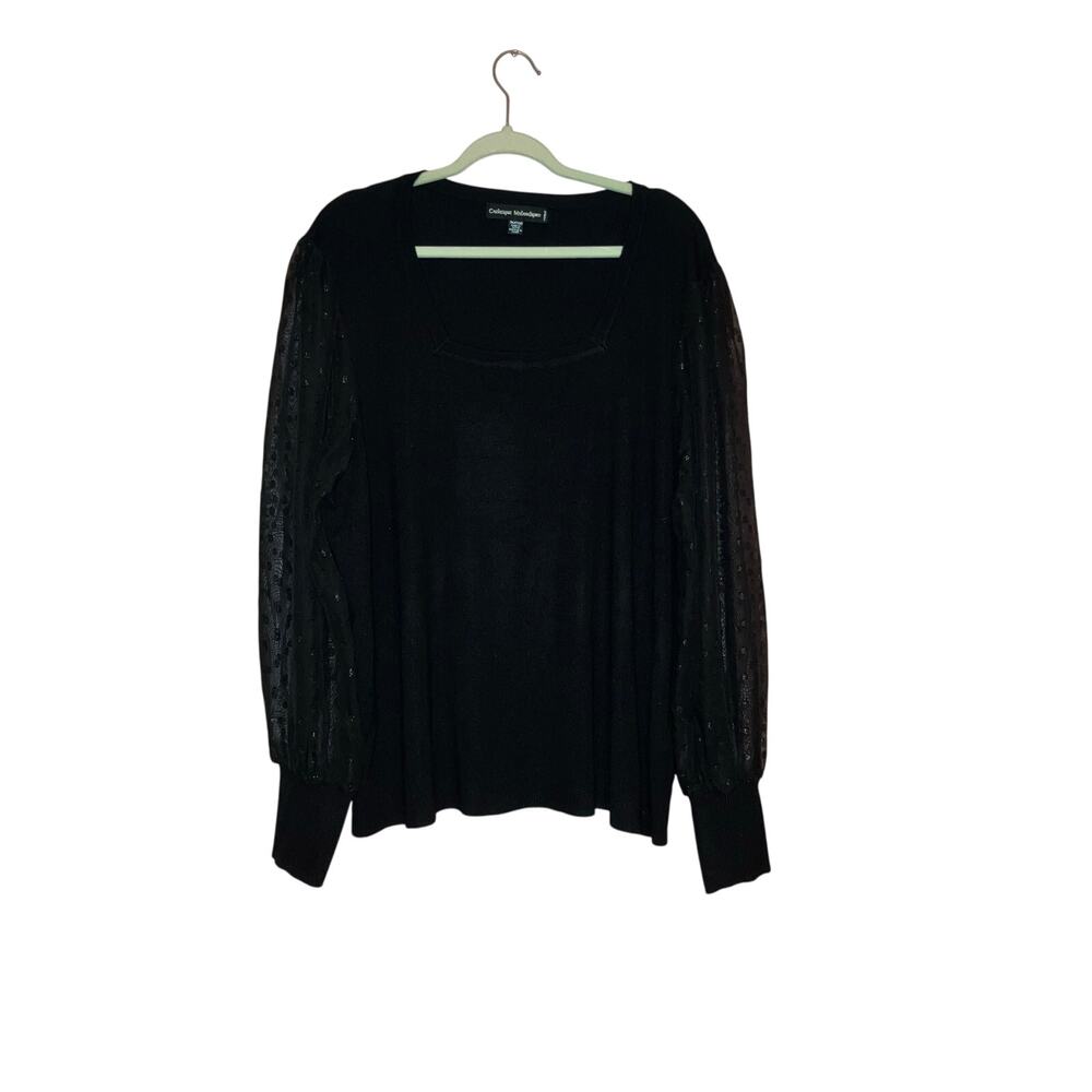 Catherine Malandrino Black Knit Top w/ Sheer Swiss Dot Balloon Sleeves Size 3XL